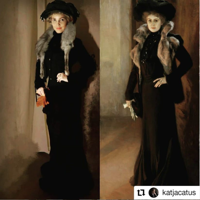 Katja Ylisiurua innostui haasteesta ja loi uudelleen Edelfeltin teoksen Laulajatar Aino Acktén muotokuva (1901).