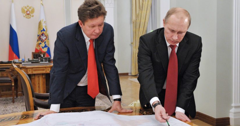 Gazpromin pääjohtaja Aleksei Miller ja Venäjän presidentti Vladimir Putin piirtävät ympäristökysymyksiä maailmankartalle.