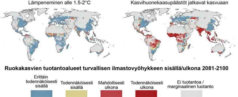 Toisessa skenaariossa hiilidioksidipäästöjä vähennetään niin, että lämpeneminen pysyy alle kahdessa asteessa ja toisessa päästöt jatkavat kasvuaan.