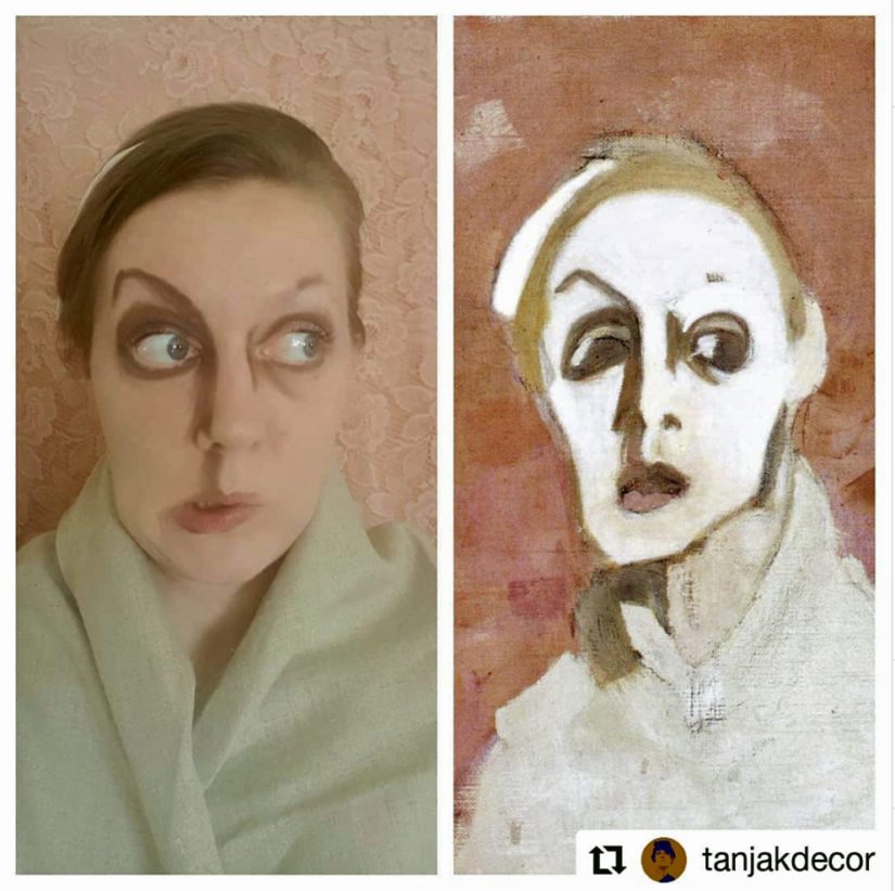 @tanjakdecor versioi taitavasti Helene Schjerfbeckin teoksen Mustasuinen omakuva (1939).