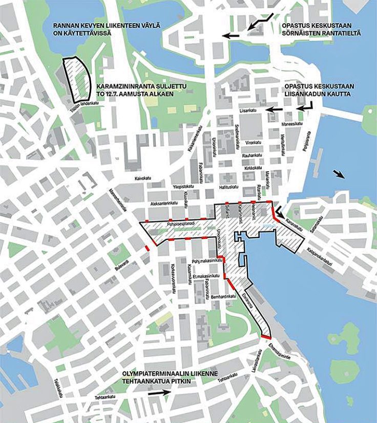 Liikennerajoitukset maanantaina 16.7.2018 Helsingissä.
